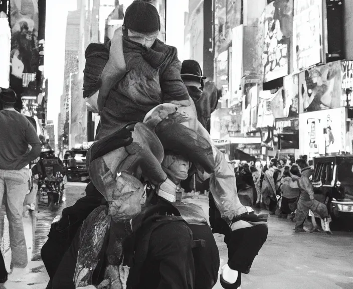 Image similar to Dwayne the Rock Johnson riding on the back of Adam Sandler, doing Methamphetamine at Times Square, photograph by Alfred Eisenstaedt, 4K, dramatic lighting; 4K 8K