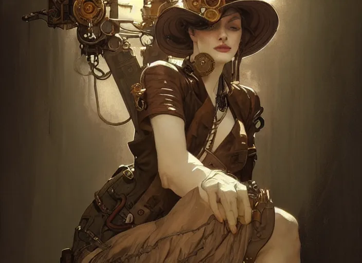 Prompt: woman model, steampunk!!! and modern, neutral colors, in a bathroom, backlit, elegant, highly detailed, digital painting, artstation, concept art, smooth, sharp focus, illustration, art by krenz cushart and artem demura and alphonse mucha