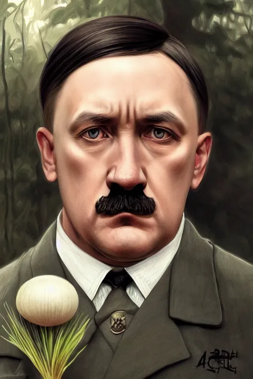 Image similar to beautiful cottagecore adolf hitler holding a Black Onion, blonde Hair, dark forest, intricate, elegant, highly detailed, digital painting, artstation, concept art, smooth, sharp, focus, illustration, art by artgerm and greg rutkowski and alphonse mucha