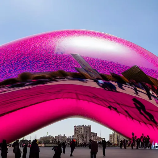 Image similar to the bean sculpture by anish kapoor painted pink, photograph, high resolution