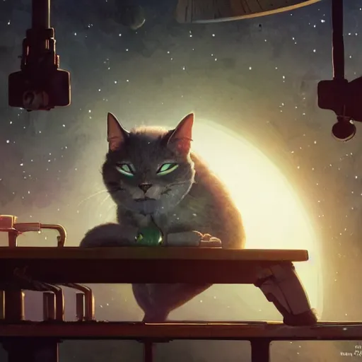 Prompt: an alien space cat sleeping on a mechanics workbench while their owner repairs in a spaceport in a fantasy ghibli animated film, volumetric lighting, octane render by stanley artgerm lau, greg rutkowski, studio ghibli, alphonse mucha, loish, norman rockwel, highly detailed, warm lighting, lens flare - w 7 0 4