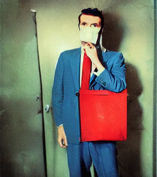 Prompt: man in a suit with bag over face, vintage technicolor film photo, grainy, high detail, high resolution