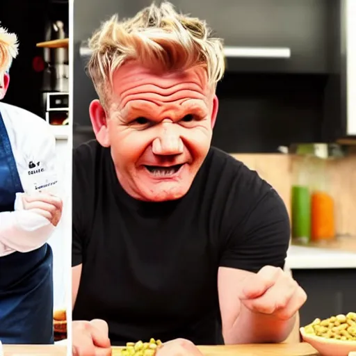 Prompt: Gordon Ramsay eating beans, while children point and laugh at him, bullying, cruel kids