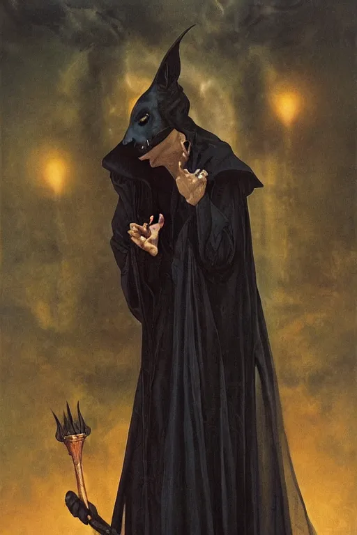 Image similar to a vampire wearing a long black robe with large bat ears huge black eyes and gray skin, character art, painting by james c christensen