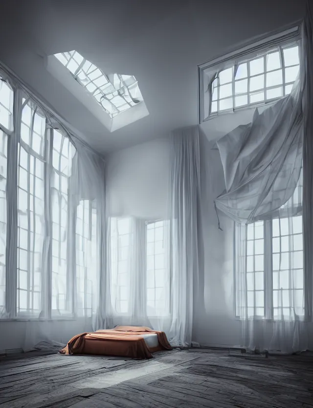 Prompt: dreamlike photo of floating bed in a giant room with bright windows opening to other dimensions bright color by andrzej sykut by lee madgewick, photorealistic, folded geometry, octane render, recursive, high contrast, pretty color, multiverse!!!!!!, labyrinthine, optical illusion, impossible angles