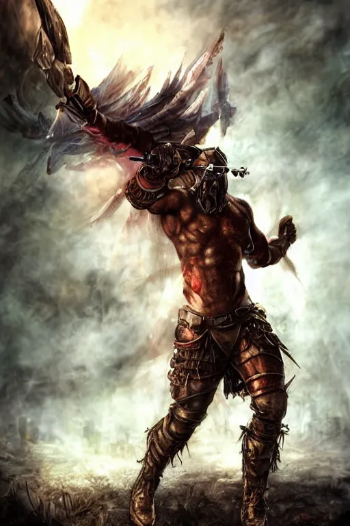 Image similar to aesthetic full body digital illustration of a defeated male warrior being captured by the enemy, by anne stokes | dirty and bloody, battlefield, concept art, unreal engine, finalrender, centered, deviantart, artgerm