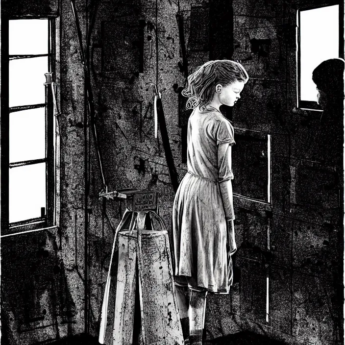 Image similar to sadie sink in dirty workmen clothes waves goodbye to workmen. background : factory, dirty, polluted. technique : black and white pencil and ink. by gabriel hardman, joe alves, chris bonura. cinematic atmosphere, detailed and intricate, perfect anatomy