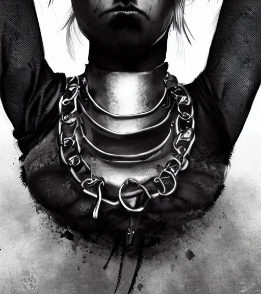 Image similar to detailed realistic female character cyberpunk wearing thick steel collar around neck, realistic, art, beautiful, 4K, collar, choker, collar around neck, punk, artstation, detailed, female, woman, choker, cyberpunk, neon, punk, collar, choker, collar around neck, thick collar, tight around neck, punk, choker