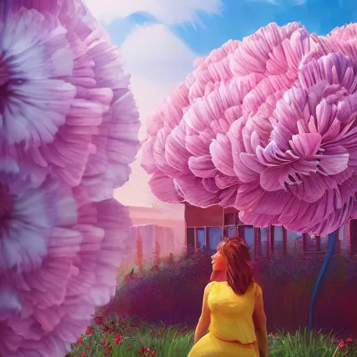 Prompt: giant carnation flower head, woman in between luxury apartments, surreal photography, sunlight, impressionist painting, digital painting, artstation, simon stalenhag