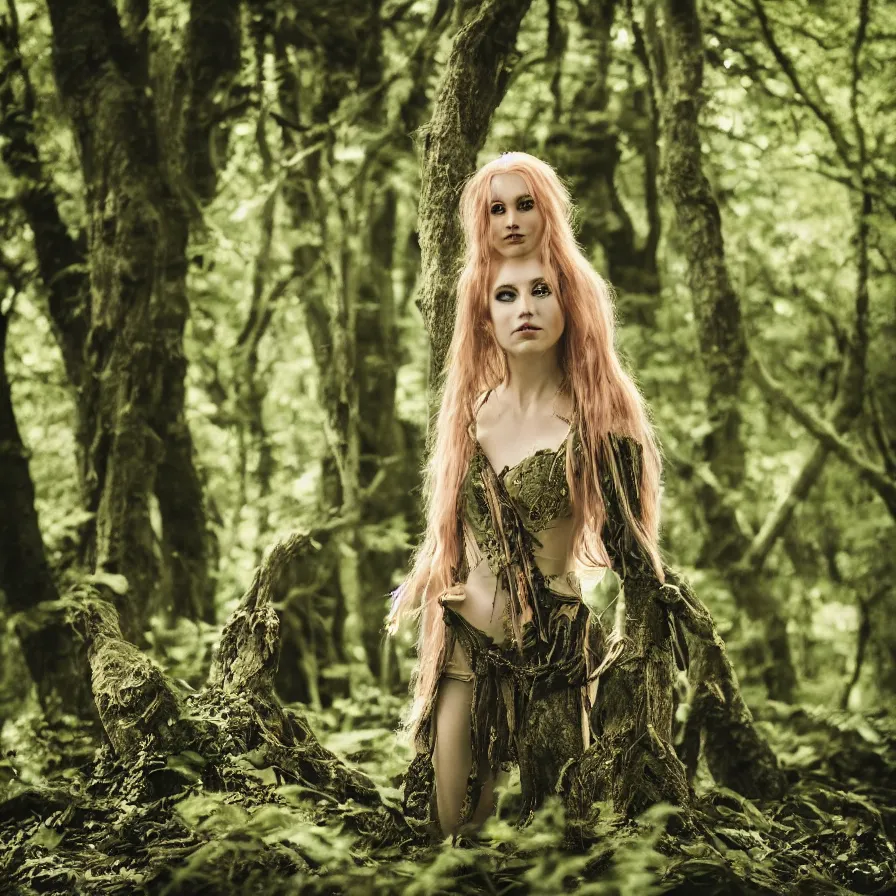 Prompt: A photo of a beautiful and dangerous Elven Queen in her forest; natural light; f/1.4; 90mm