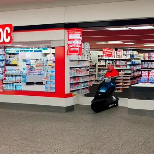 Prompt: a man driving a jetski through a cvs pharmacy, atmospheric haze