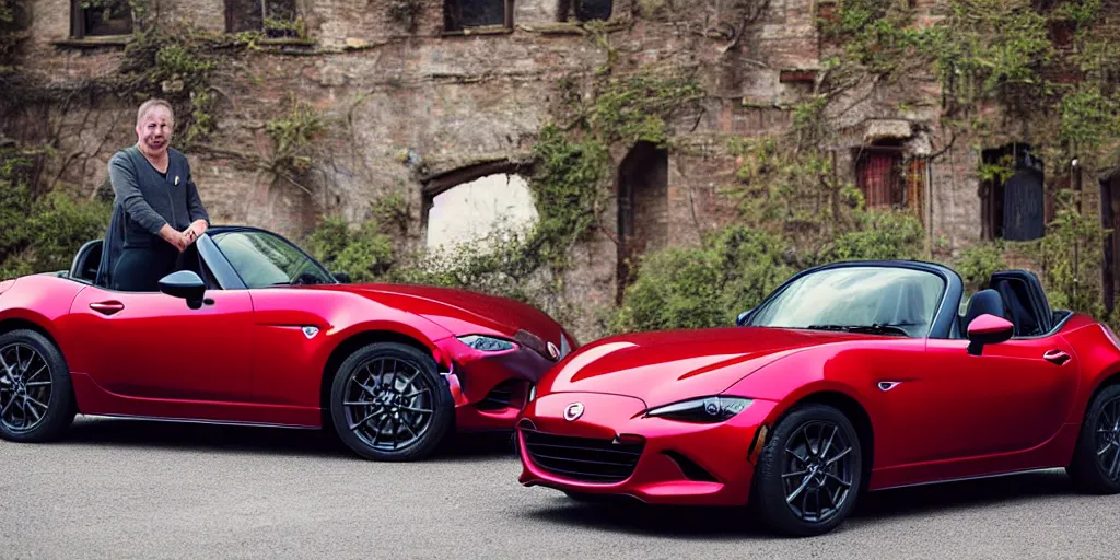 Image similar to a wide angle photograph of a grey rabbit posing next to a red mazda mx-5