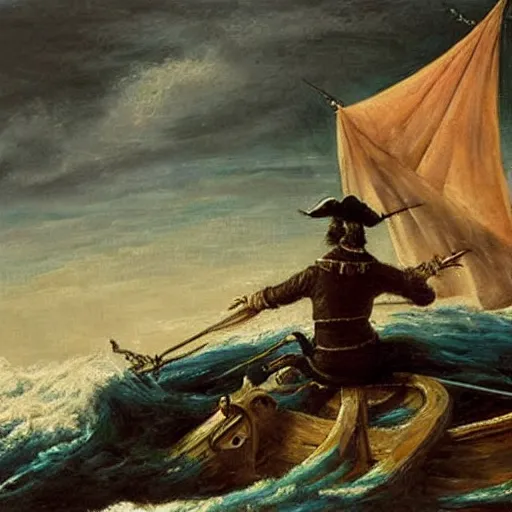 Prompt: a pirate cat sails his ship toward the gathering storm on the horizon, oil on canvas, 1 8 8 3, highly detailed