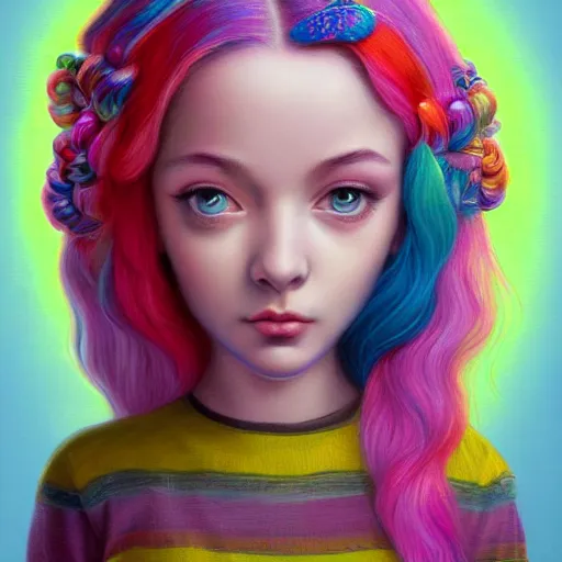 Prompt: an intelligent young girl with rainbow hair looking at the camera, she has a cute face, intricate, elegant, highly detailed, digital painting, artstation, concept art, smooth, sharp focus, illustration, art by mark ryden and gaston bussiere 3 d 8 k ultra detailed