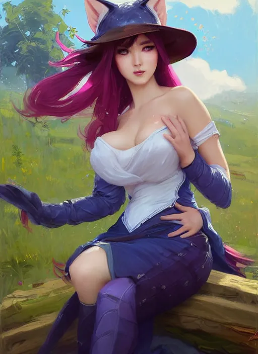 Image similar to portrait of Ahri from League of Legends after work, countryside, calm, fantasy character portrait, dynamic pose, above view, view from above, sunny day, thunder clouds in the sky, artwork by Jeremy Lipkin and Giuseppe Dangelico Pino and Michael Garmash and Rob Rey, very coherent symmetrical artwork, sharp edges, perfect face, simple form, 100mm