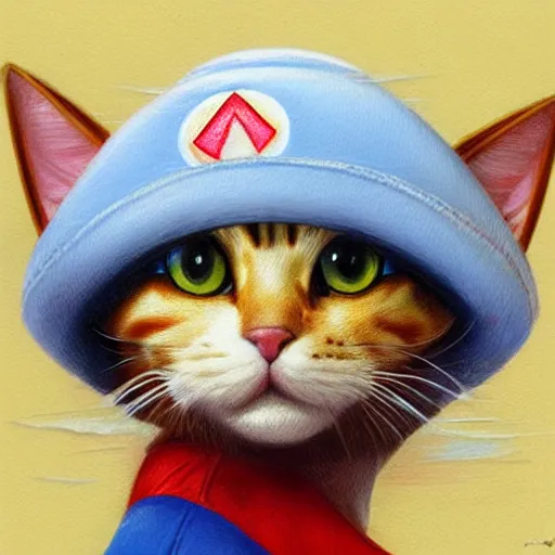 Prompt: Portrait of a Cat dressed as Super Mario, Mario hat, kawaii aesthetic, nintendo, highly detailed, digital painting, artstation, concept art, smooth, sharp focus, illustration, art by artgerm and greg rutkowski and alphonse mucha