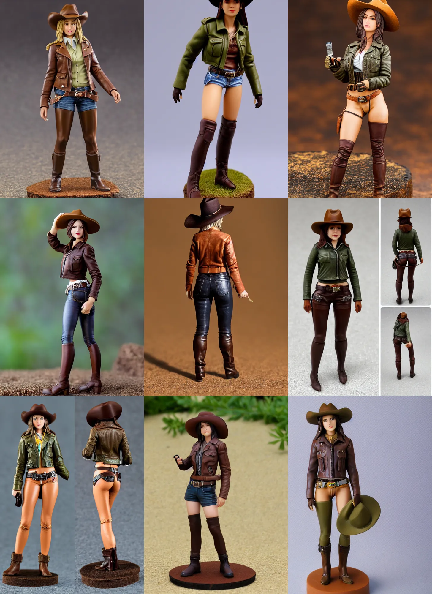 Prompt: 80mm resin detailed miniature of a cow girl, Short brown leather jacket, hot-pants, olive thigh skin, ten-gallon hat, on textured disc base; Miniature product Introduction Photos, 4K, Full body