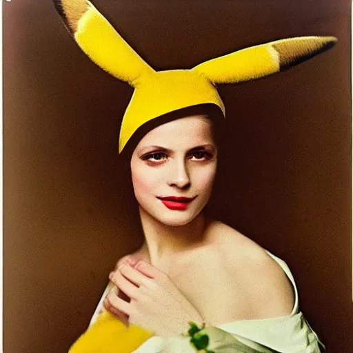 Image similar to elegant woman dressed up as pikachu, art photo by Annie Liebovitz and Alphonse Mucha, glossy, sharp, clean, old fashion