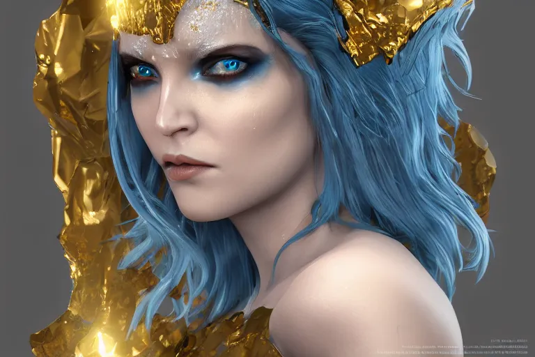 Prompt: Malevolent Ice Queen with gold leaf in the style of Artstation, Unreal Engine, photorealistic, highly detailed