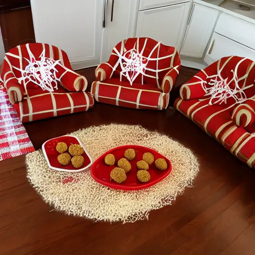 Image similar to spaghetti and meatballs shaped into a living room set