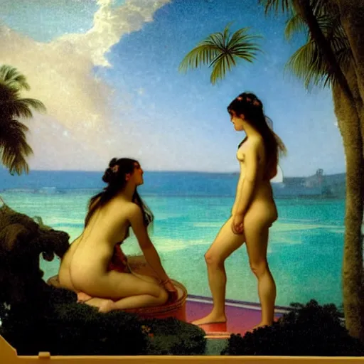 Image similar to Silhouette of two girls at the palace, thunderstorm, greek pool, beach and palm trees on the background major arcana sky, by paul delaroche, alphonse mucha and arnold böcklin arnold böcklin hyperrealistic 8k, very detailed