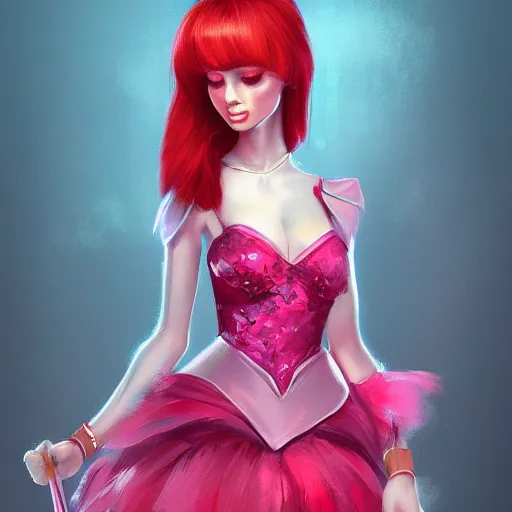 Image similar to a woman wearing a princess outfit, full body shot, red hair, highly detailed, digital painting, artstation, concept art, smooth, sharp focus, illustration