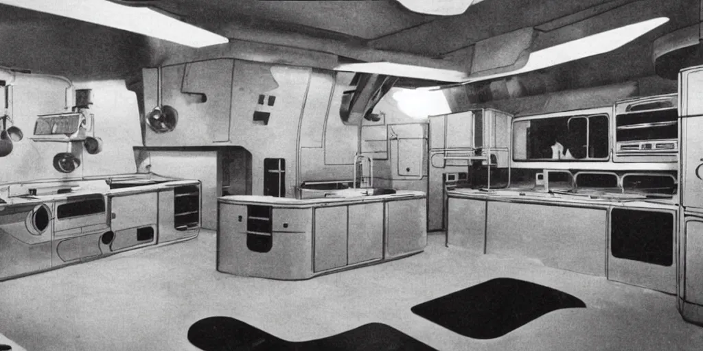 Image similar to soviet retro - futuristic kitchen, space station