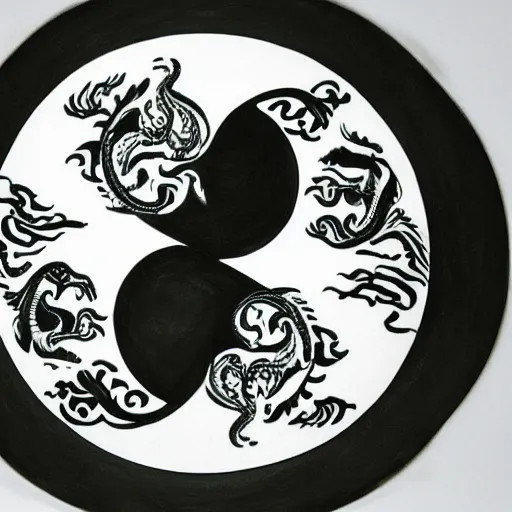 Image similar to a ying yang formed of a phoenix and a dragon, ornate, highly detailed.