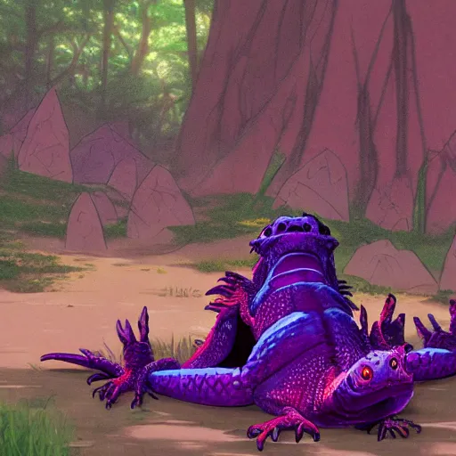 Image similar to concept art painting of an anthropomorphic anime style humanoid bearded dragon lizard wearing magenta wizard robes, in the deep forest, realistic, detailed, cel shaded, in the style of makoto shinkai and greg rutkowski and james gurney