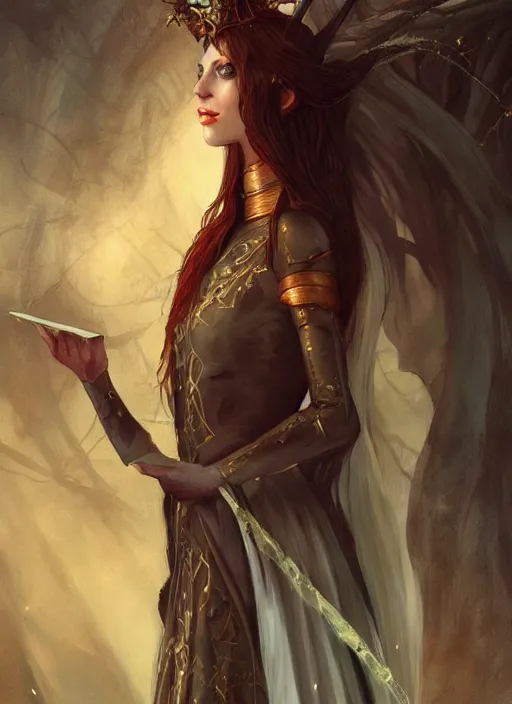 Image similar to tarot!!, fairy queen, fantasy medieval, no noise, elegant, concept art, sharp focus, beautiful face!!, digital art, smooth defined outlines!!, by Brom, trending on Artstation, Tom Bagshaw, Sargent