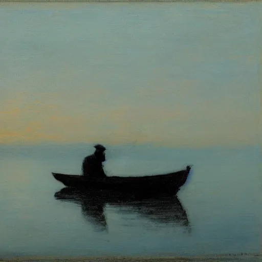 Image similar to silhouette of an old man fishing from a tiny boat at dawn, tonalism