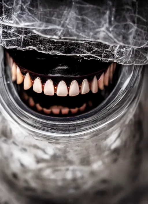 Prompt: jar full of teeth, dark, doom, obscure, high definition, high quality photo, 8k