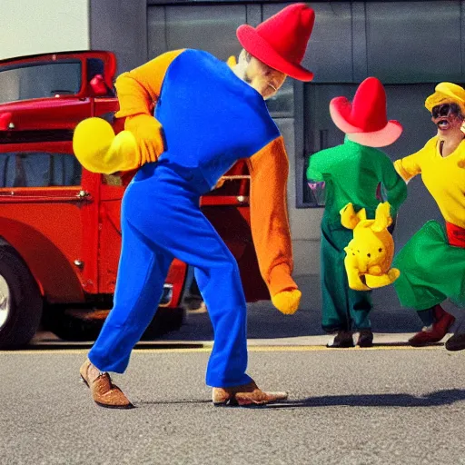 Prompt: realistic photograph of one bright yellow cat wearing a red hat, a green shirt and blue overalls dancing in a parking lot