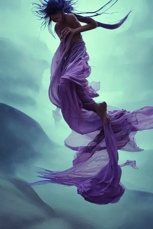 Prompt: full lenght flowing twisted clothes like tornado a old tuareg woman, many fabric, stones near foot, wind, stands on sand, full body shot, dark background, pastel purple colour scheme, giant gladiola betta fish!! jellyfish phoenix, highly detailed. by wlop, tooth wu, greg rutkowski, alena aenami, beeple
