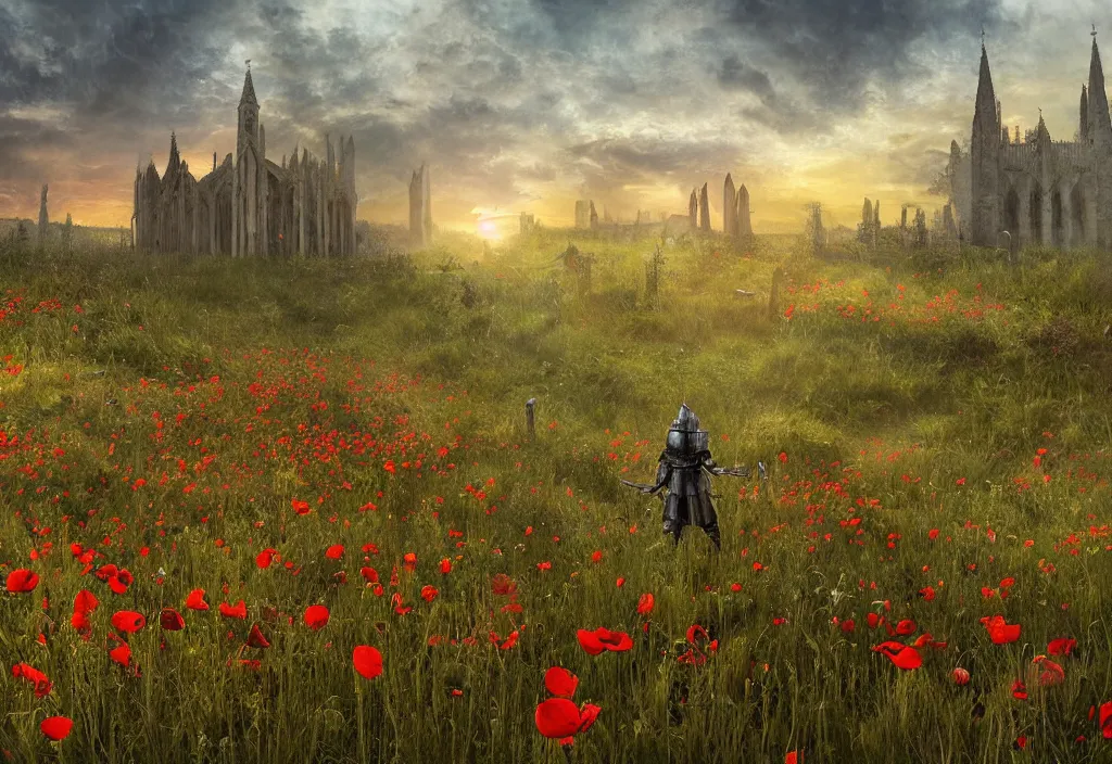 Prompt: a knight in battle worn armor seen from behind, in a field of poppies, in front of ruins of a gothic church, a dense forest surrounding the field, sunset, spread out clouds, highly detailed, digital art