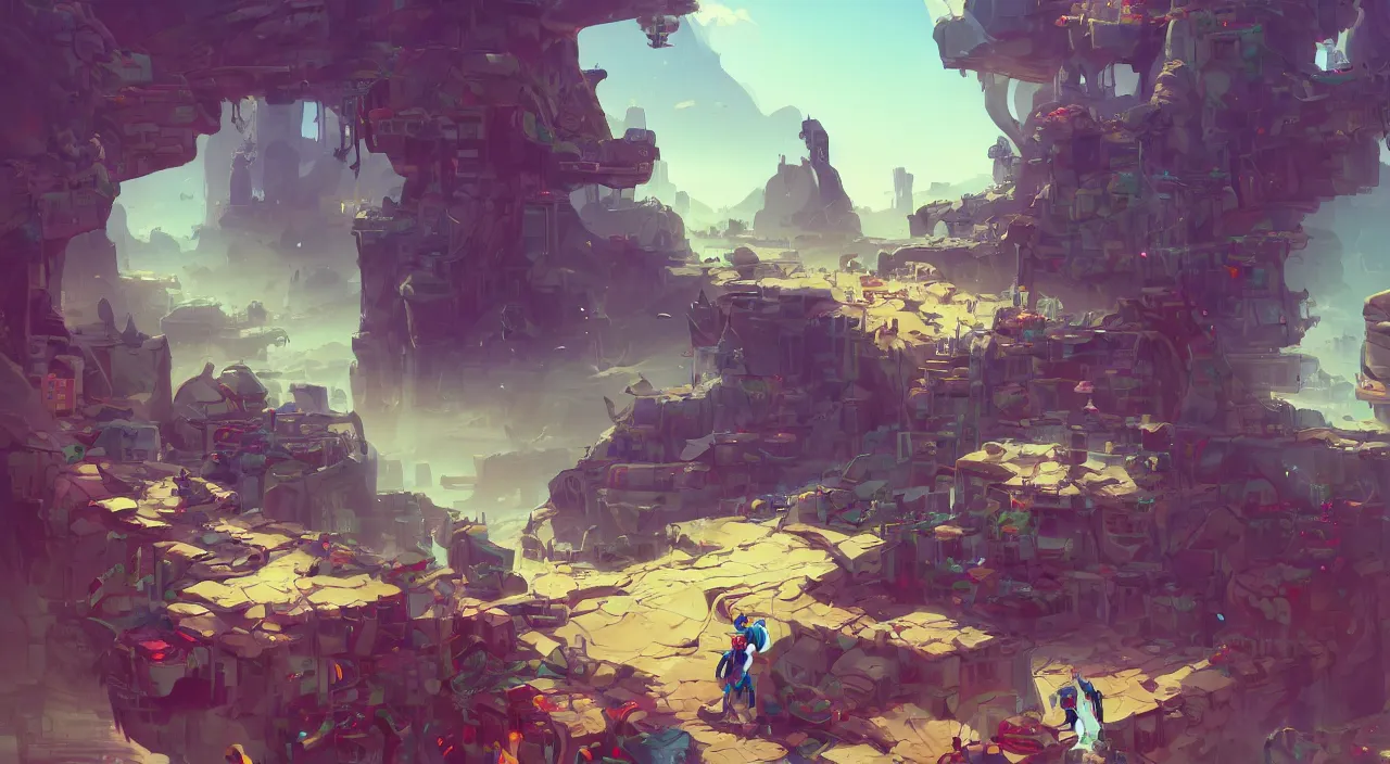 Image similar to grounded camera low angle arabian marketplace skyup vivid tissu color fabric greeble block jungle dirt wall fortress volume lighting shine video game icon, 2 d game art gta cover, official fanart behance hd artstation by jesper ejsing, by rhads, makoto shinkai and lois van baarle, ilya kuvshinov, rossdraws