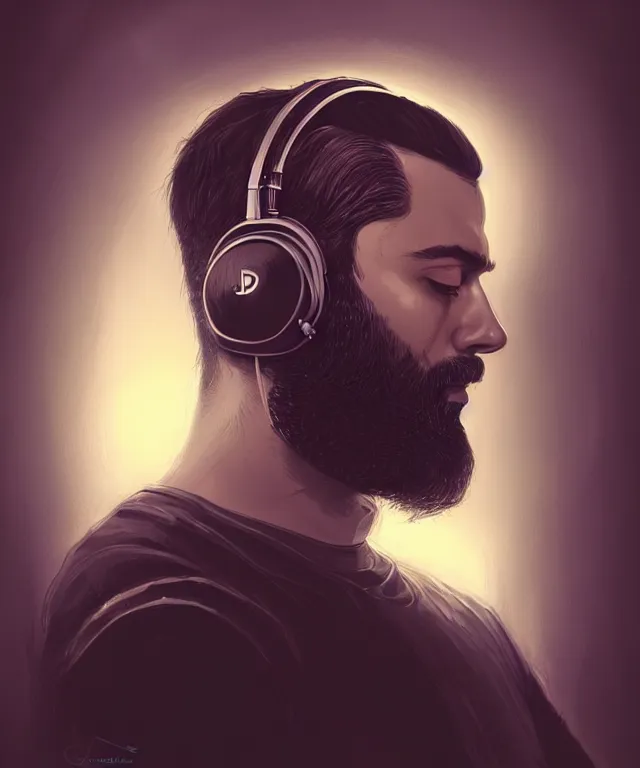 Image similar to Portrait of a male DJ, western european origin, side or front profile, sci-fi, dark eyes, face, shaved head, beard, Headphones, fantasy, LSD Dream Emulator, intricate, rugged, backlit, highly detailed, digital painting, artstation, concept art, smooth, sharp focus, illustration, art by artgerm and greg rutkowski and alphonse mucha