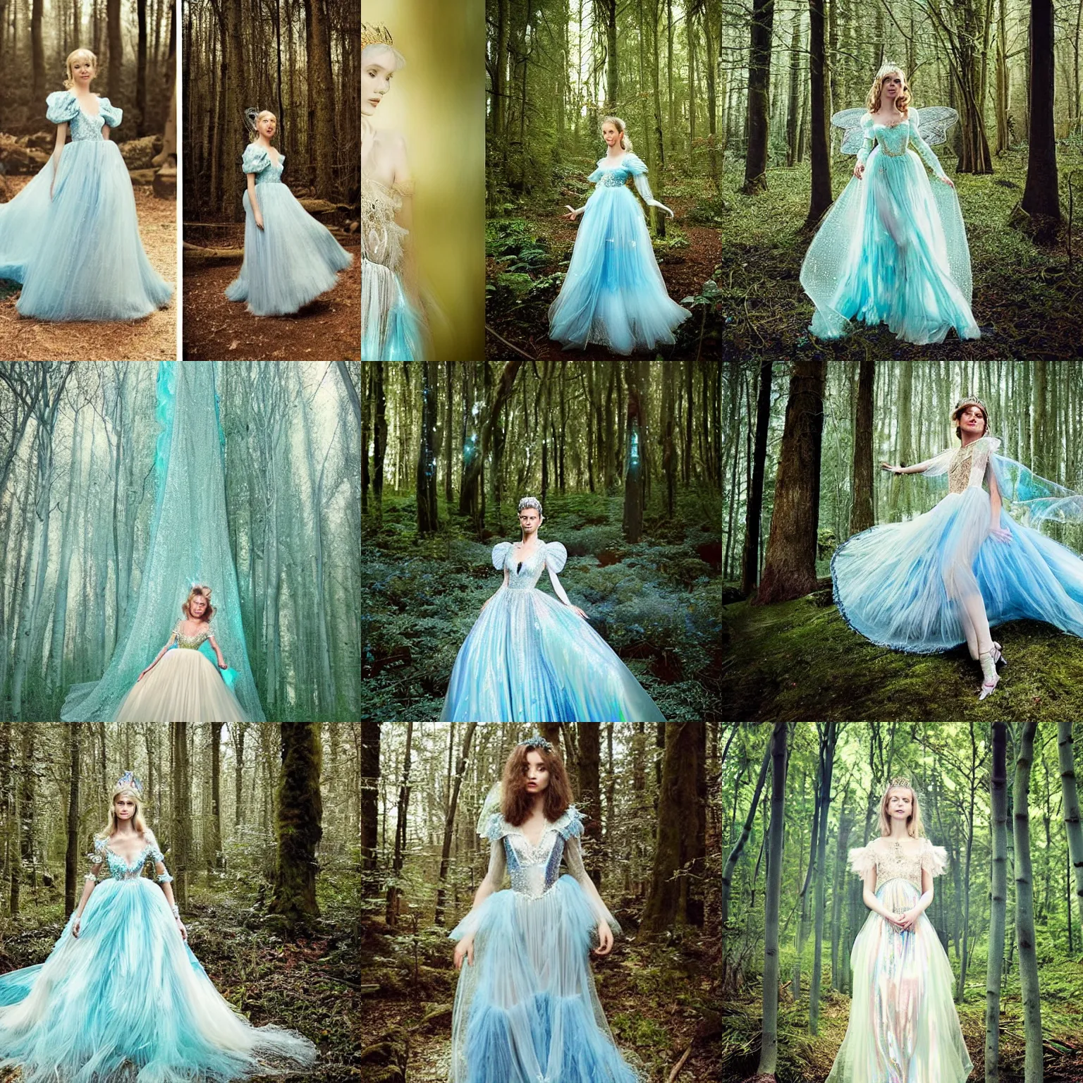 Prompt: A beautiful princess wearing a Fairy dress with cream lace bodice with sleeves of sheer pale blue sequins photographed full bodied in a magical iridescent forest, photographed in the style of Mario Testino