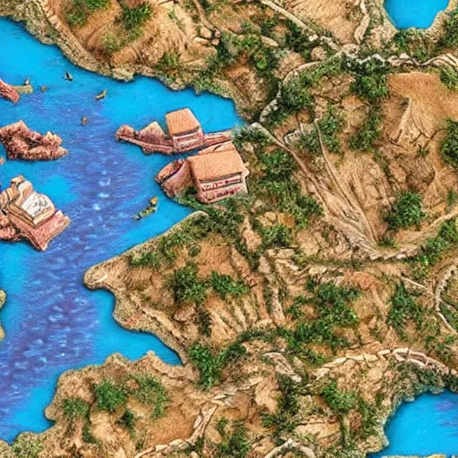 Prompt: closeup straight riverbed, topview map, miniature photography closeup, h0, 1:87, river, highly detailed, satellite image, game map, anno 1404, monkey island, civilization, by tim hildebrandt, by rhads, megascans texture