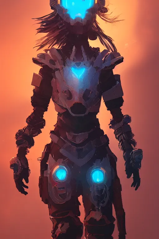 Image similar to combination suit armor aloy horizon forbidden west horizon zero dawn radiating a glowing aura global illumination ray tracing hdr fanart arstation by ian pesty and alena aenami artworks in 4 k tribal robot ninja mask helmet backpack