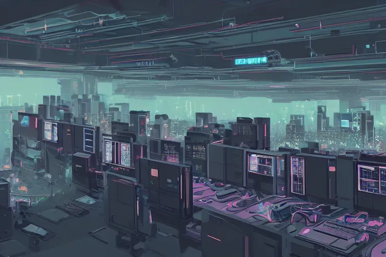 Image similar to a computer room filled with lots of monitors, cyberpunk art by tomer hanuka, cgsociety, retrofuturism, greeble, dystopian art, circuitry