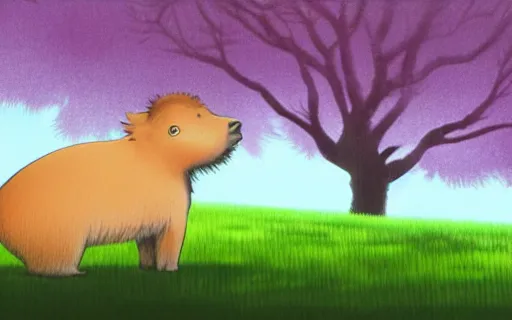 Image similar to a young girl holding an umbrella with her giant pet capybara walking through the forest, raining, side view, shot from the side, art by hayao miyazaki, studio ghibli film, 4k, hi res, high detail