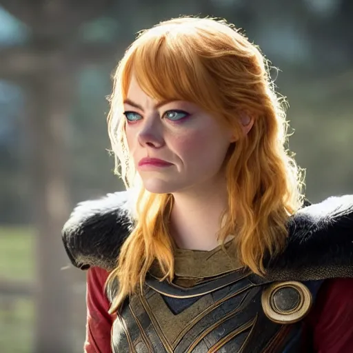 Image similar to emma stone playing odin all mother from the thor movie, highly detailed, cinematic shot, cinematic lighting, 8 k