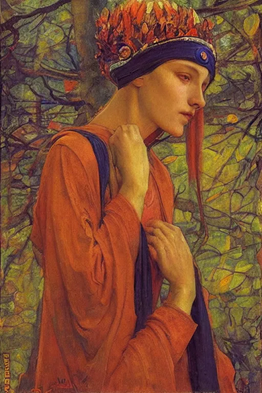 Prompt: queen of autumn by Annie Swynnerton and Nicholas Roerich, strong dramatic cinematic lighting , ornate headdress , flowing robes, lost civilizations, smooth, sharp focus, extremely detailed