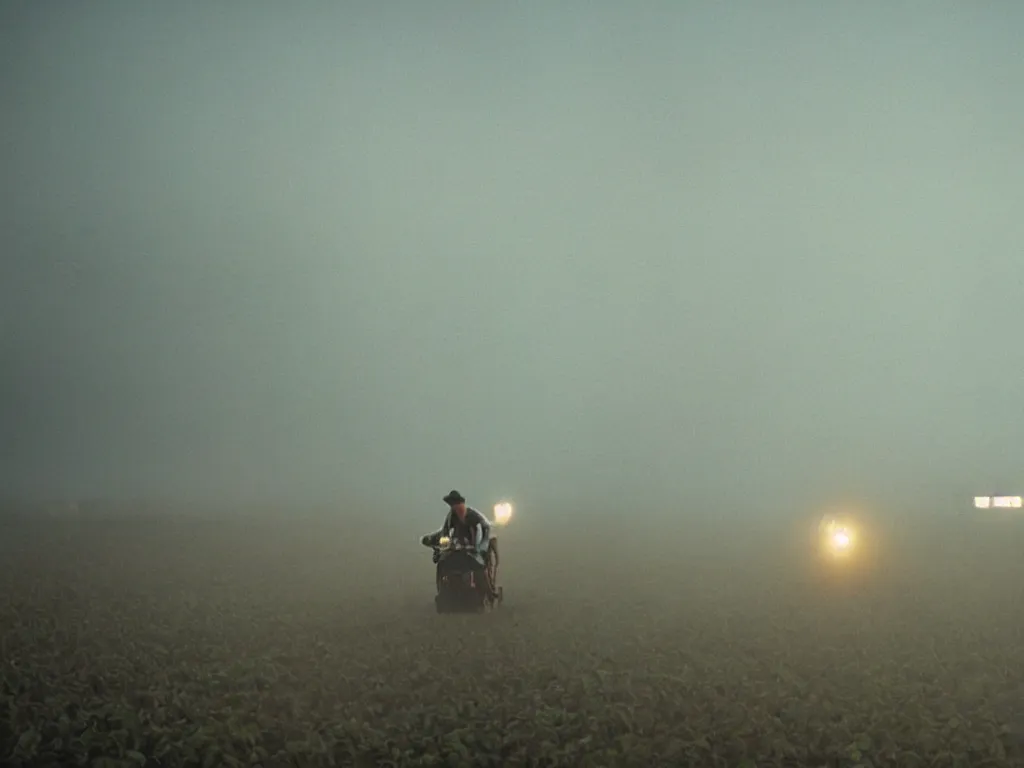 Image similar to farmer riding his flying machine to harvest crops at a vertical farm in blade runner 2 0 7 2, cinestill, denis villeneuve, atmospheric, morning light, foggy, distant, futuristic, muddy and dirty, ultra - hd, ultra - realistic