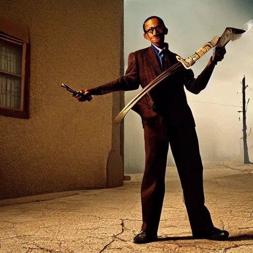 Image similar to Gus Fring with a daedric katana Steve McCurry photograph