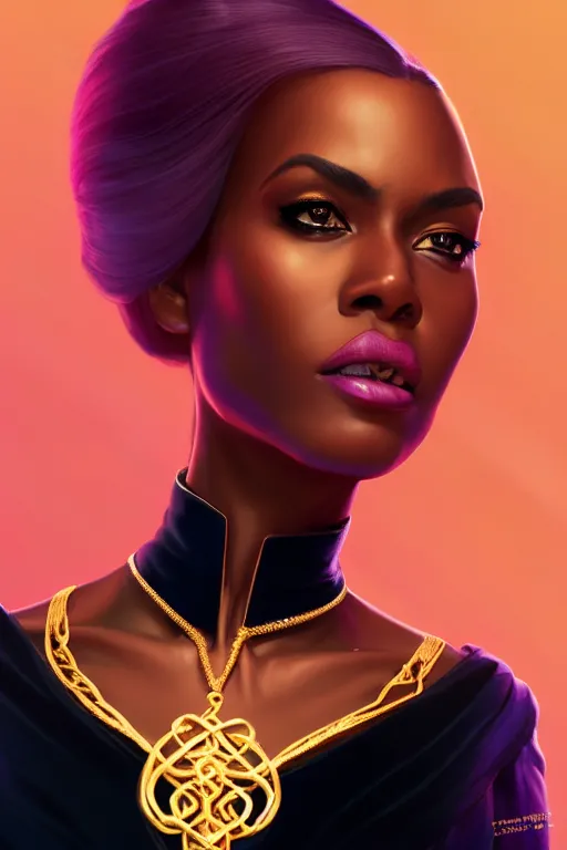 Image similar to portrait of black super woman, velvet gown, highly detailed and rendered gold jewelry, digital art, intricate, sharp focus, trending on artstation, hq, unreal engine 5, 4 k uhd image, by brom, artgerm, face by otto schmidt