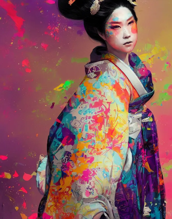 Image similar to a portrait of a geisha wearing a colorful kimono with graffiti tags, volume lighting, concept art, by greg rutkowski!!, colorful, xray melting colors!!