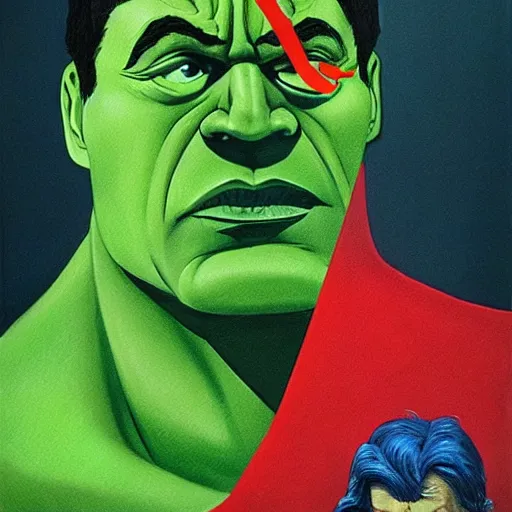 Prompt: the incredible-hulk is feeling weak by Raphael, Hopper, and Rene Magritte. detailed, romantic, enchanting, trending on artstation.