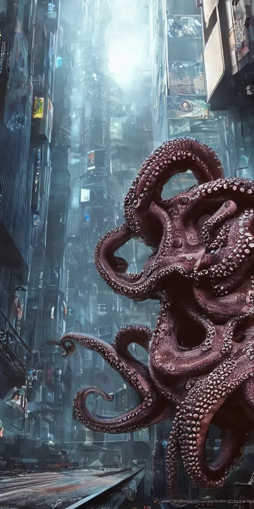 Image similar to hyperrealism, detailed textures, photorealistic 3 d cyberpunk octopus in apocalyptic city, futuristic clothing and helmet, ultra realistic, cinematic, intricate, cinematic light, unreal engine 8 k